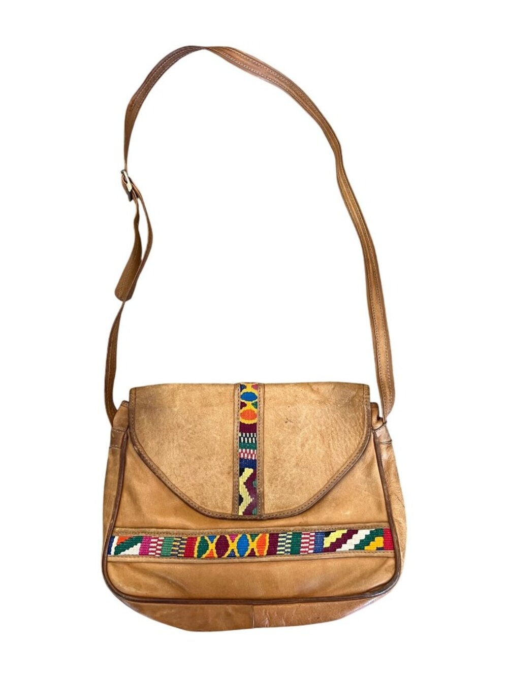 Tan Leather Crossbody Bag Womens Large Adjustable Strap Multicolor Tribal Accent